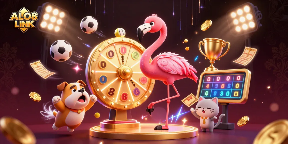 Experience the excitement of ALO8 LINK as the flamingo host spins the prize wheel alongside a jumping bulldog contestant.