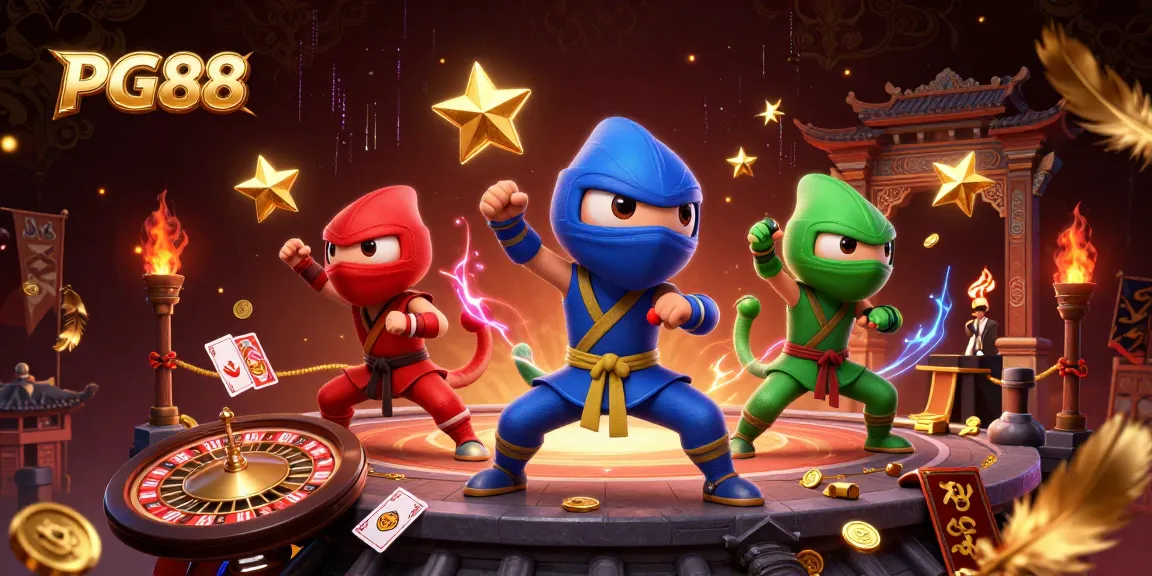 PG88 chameleon ninjas perform martial arts in a live casino setting, surrounded by casino elements.