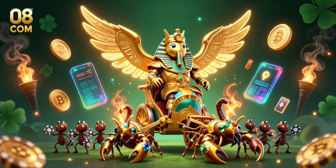 Play thrilling games at O8 COM with an impressive golden pharaoh beetle and floating crypto elements.