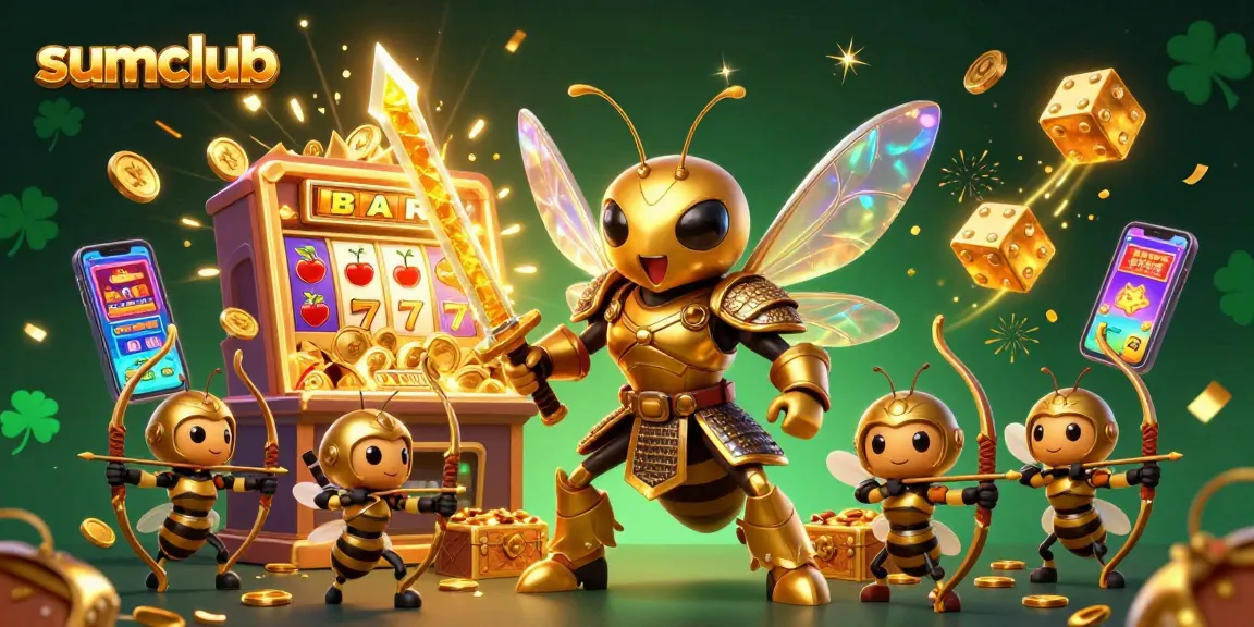 Engage in thrilling casino action with sumclub's 3D illustration featuring vibrant slot machines and exciting characters.