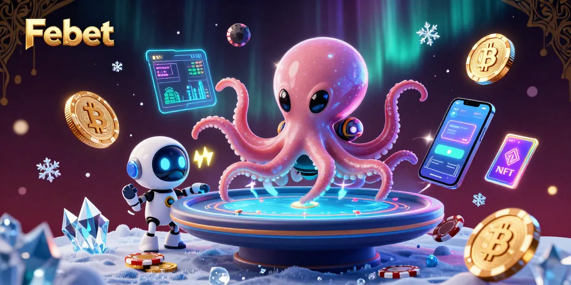 Join the thrilling game at Febet, where a space octopus plays holographic poker surrounded by vibrant casino elements.