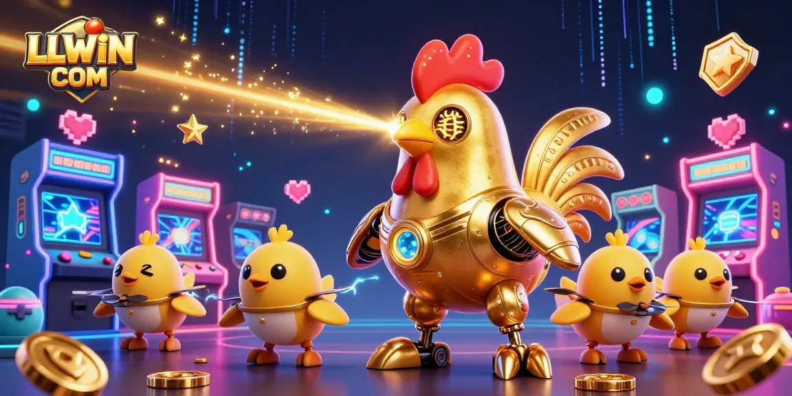 Engage in epic gameplay action at LLWIN COM with a golden rooster robot and dynamic casino elements.