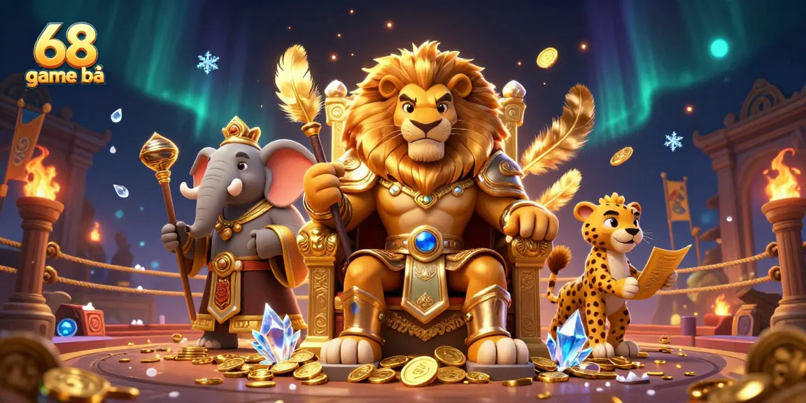 Join the excitement at 68 game bài with a dynamic scene featuring casino elements and majestic characters.