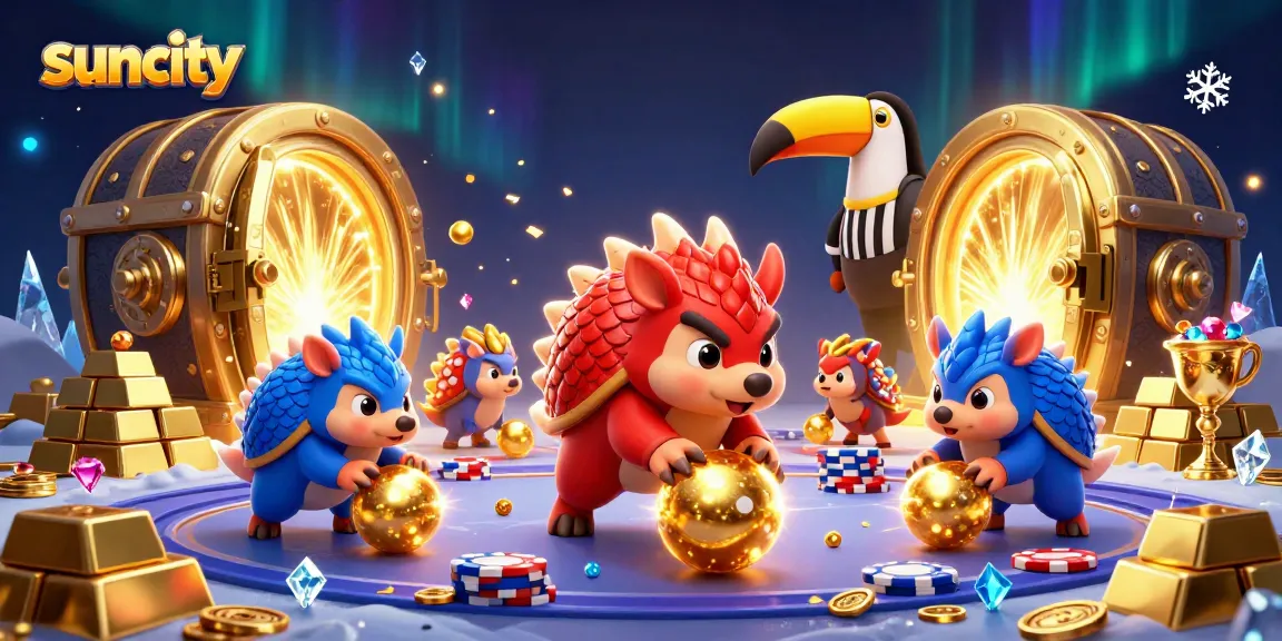 Suncity's lively pangolins roll gold and chips in a vibrant casino scene filled with treasures.