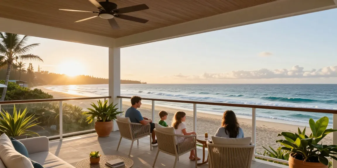 Gold Coast Airbnb management at a beachfront property with a family enjoying sunrise views.