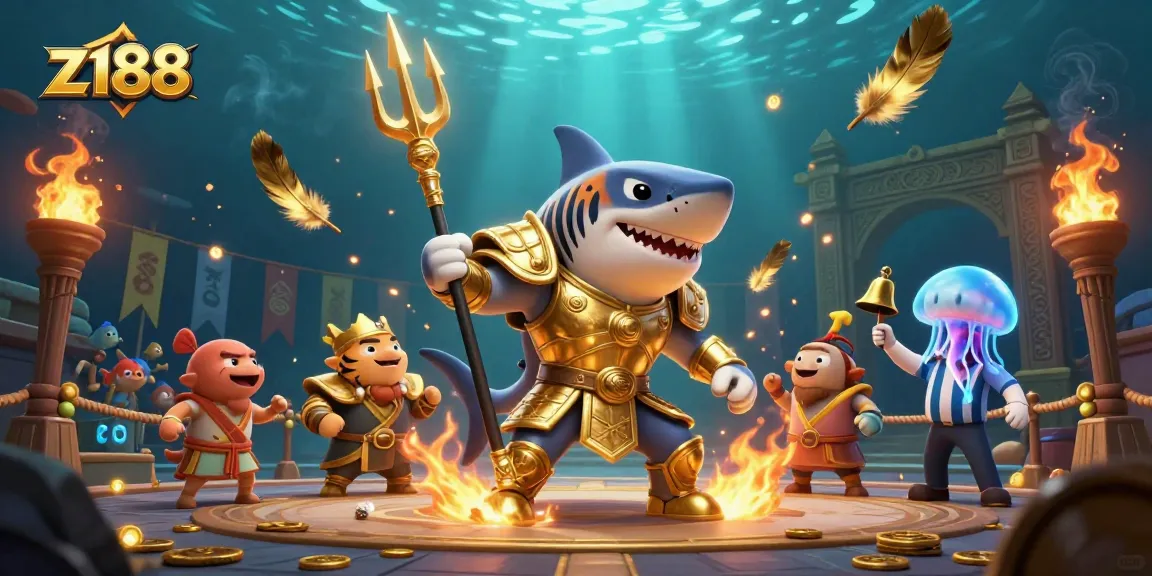 Engage with z188's exciting gameplay featuring a fierce shark in gladiator armor amidst a dynamic casino scene.