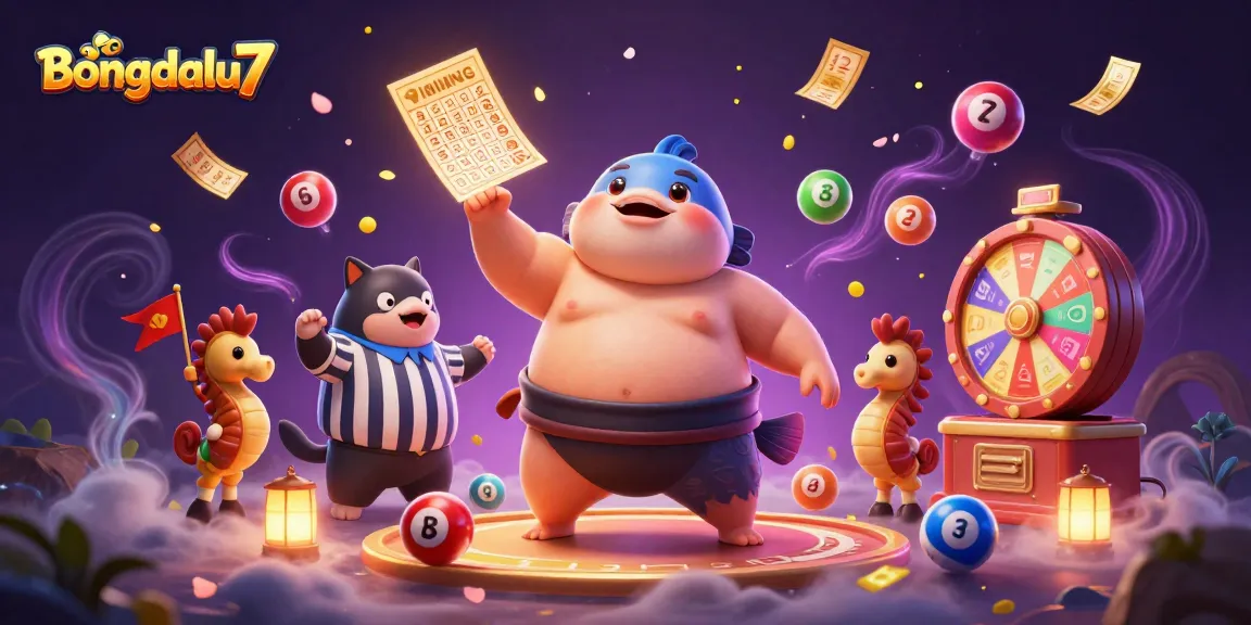 Bongdalu7 showcases a vibrant underwater casino scene with a massive fugu character, surrounded by colorful lottery elements and energetic spectators.