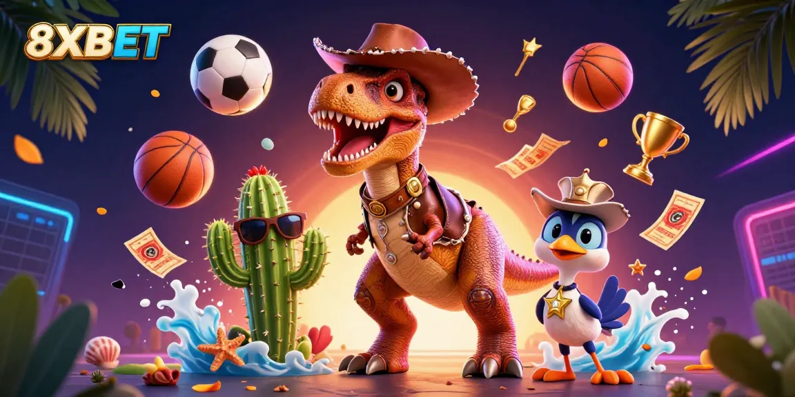 Engage with 8XBET sports betting excitement through a colorful 3D gaming illustration.