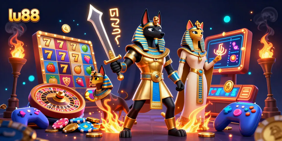 Engage with lu88's vibrant casino world featuring Anubis and Bastet in an exciting slot game scene.