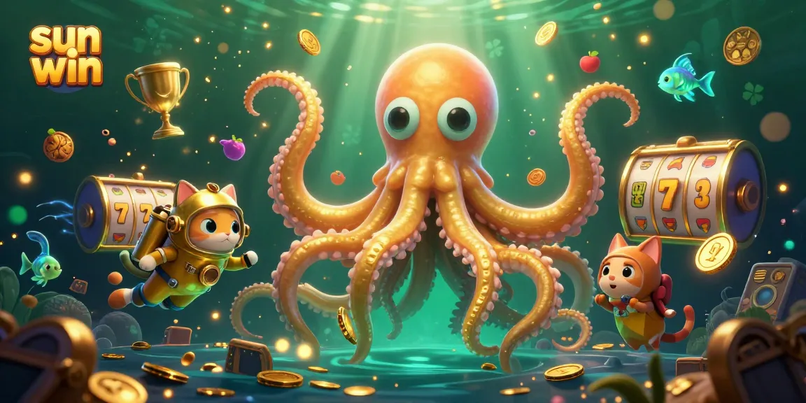 Experience the thrilling world of sun win gaming with a cartoon kraken, diving cat, and rich casino symbols.