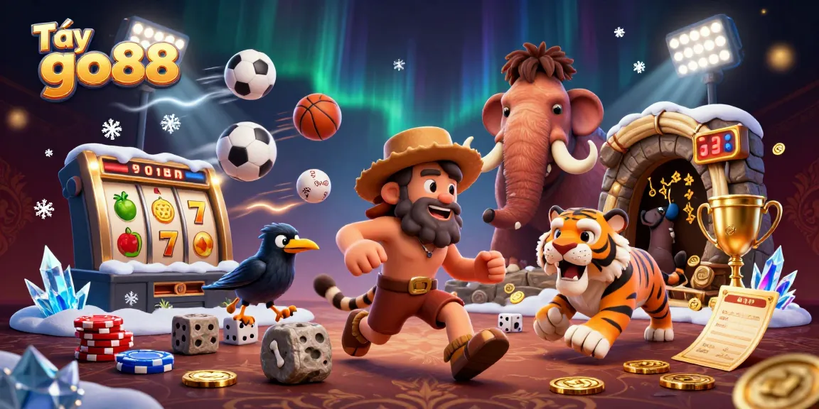 Experience Tải go88 with a vibrant prehistoric casino scene featuring playful characters and winning elements.