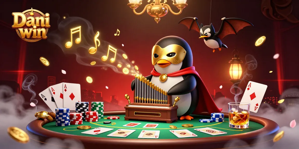 Dhani win platform showcases a vibrant 3D scene with a penguin playing a pipe organ, surrounded by poker elements and dynamic game action.