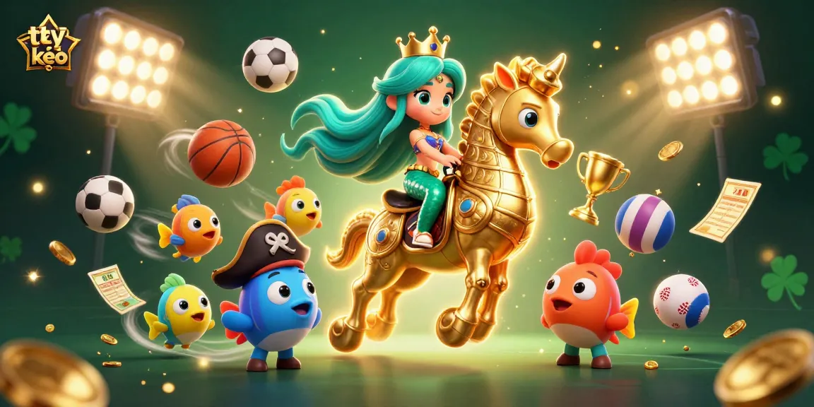 Engage in sports betting with tỷ lệ kèo exciting visuals showcasing a mermaid princess, a giant seahorse, and sports balls.