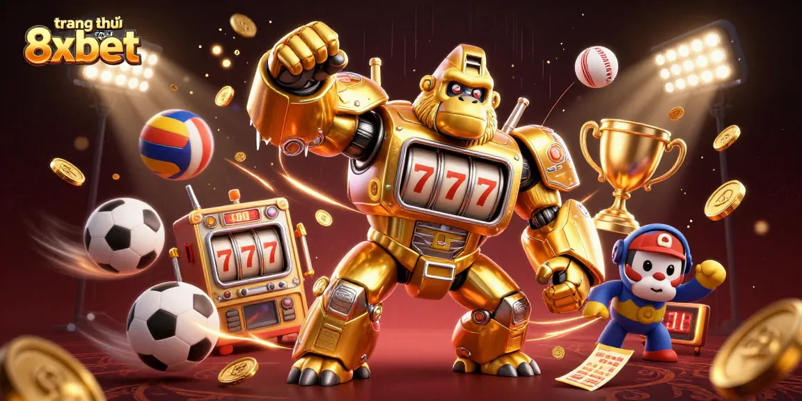 Engage with the thrill at trang chủ 8xbet chính thức featuring a dynamic golden gorilla mech, showcasing the excitement of casino gaming.