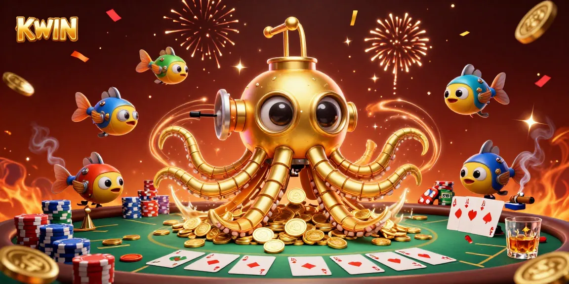 KWIN players experience exhilarating poker games with a golden kraken submarine and mechanical fish in a vibrant casino atmosphere.