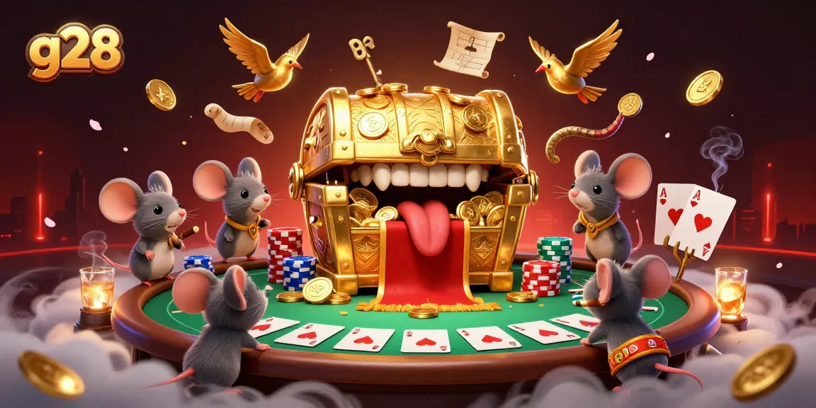 Engage in g28 poker excitement with a treasure chest luring adventurer mice amidst casino elements.