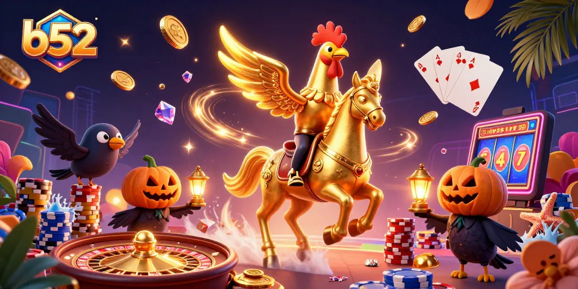 B52 casino scene with a golden rooster and crow companions surrounded by coins and gems.