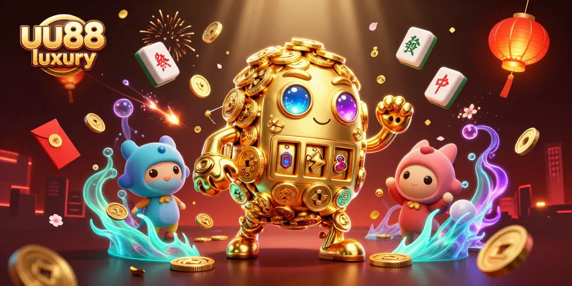 Spin the reels and win with uu88 luxury's vibrant 3D illustration featuring a golden golem