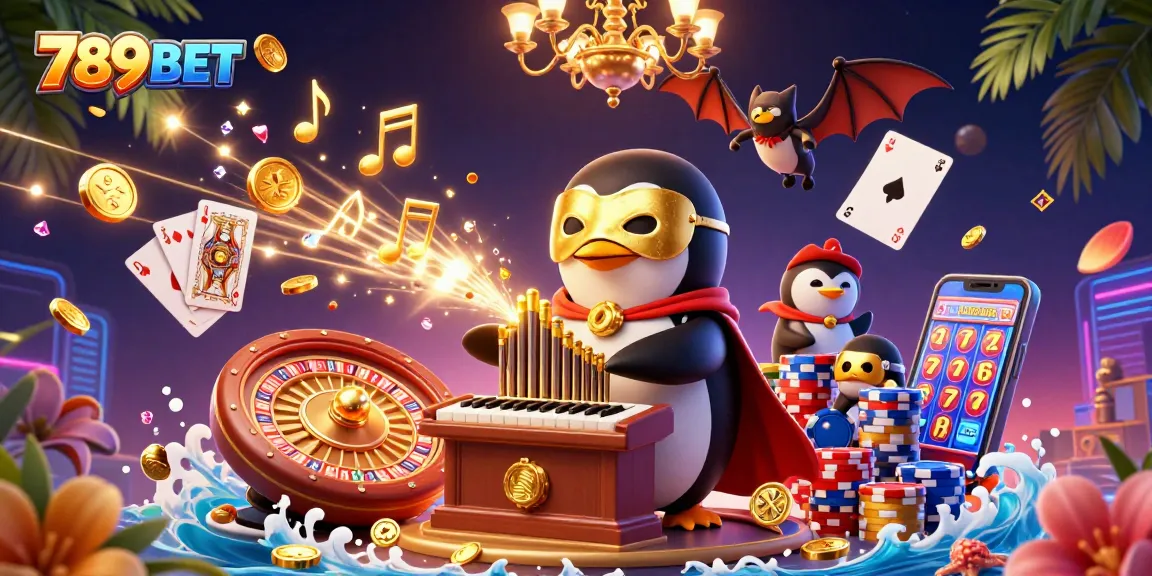 Engage with 789BET's dynamic casino adventure featuring a playful phantom penguin and festive lights.