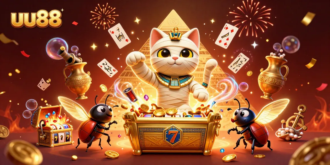 Spin for riches at uu88 with a 3D illustration of a mummy cat in a golden casino bursting with treasures.