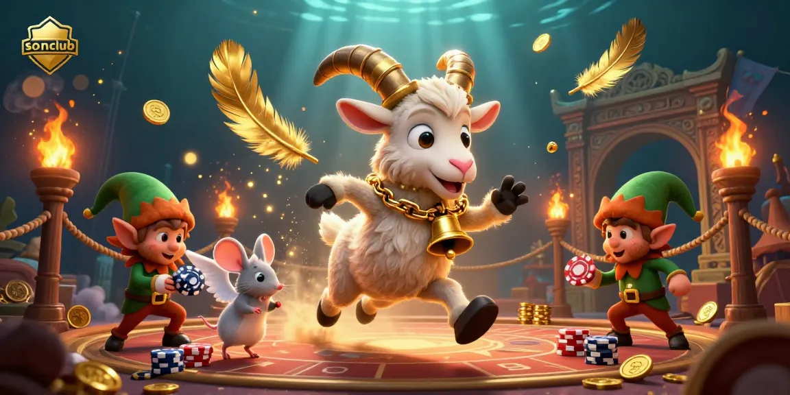Join the fun at sonclub with a lively 3D casino scene featuring a Krampus goat, angel mouse, and elf gremlins.