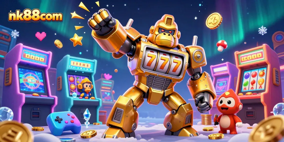 Engage with nk88com's thrilling casino experience featuring a golden gorilla mech and vibrant game elements.