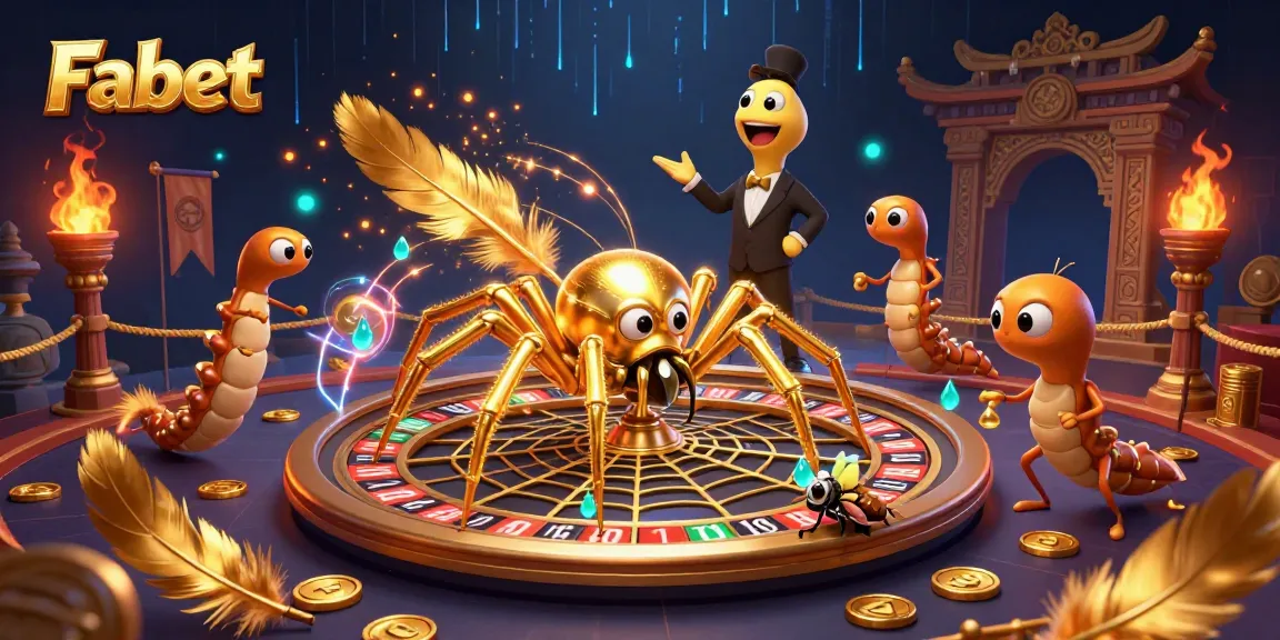 Fabet showcases a thrilling roulette-themed 3D illustration featuring a golden spider web and animated characters.